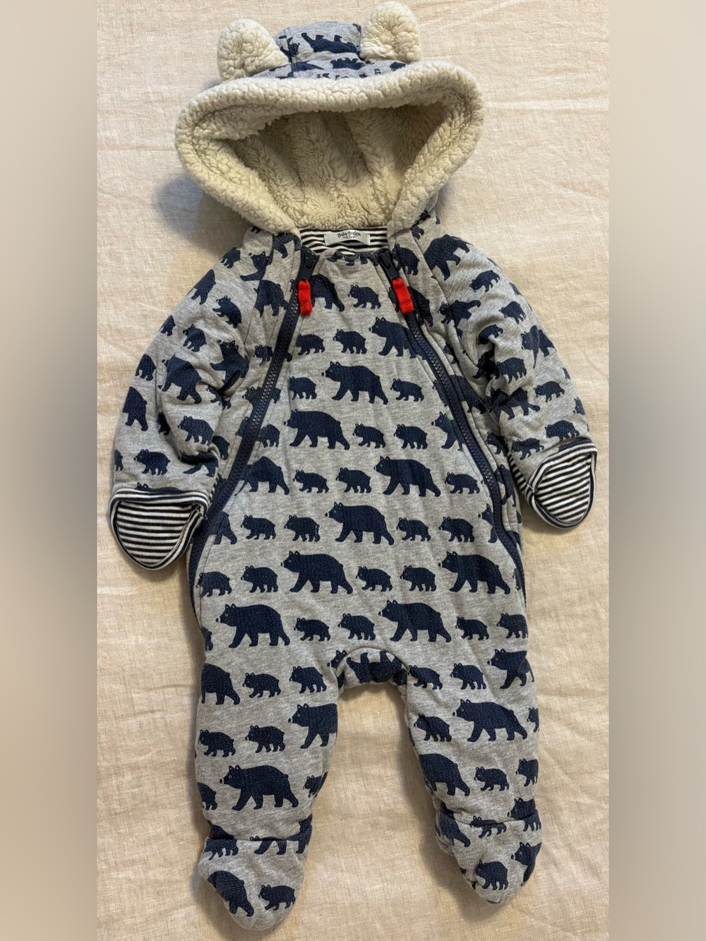 Baby Boden 3-6M Cosy Bear Pramsuit Snowsuit Grey Navy Fleece Hooded Ears Footed